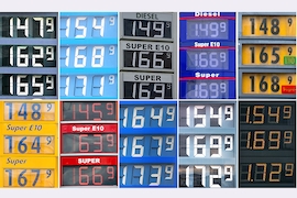 Anzeigetafeln mit den Preisen für Diesel, Super E10 und Super an deutschen Tankstellen in verschiedenen Bundesländern am Montag (02.04.2012)