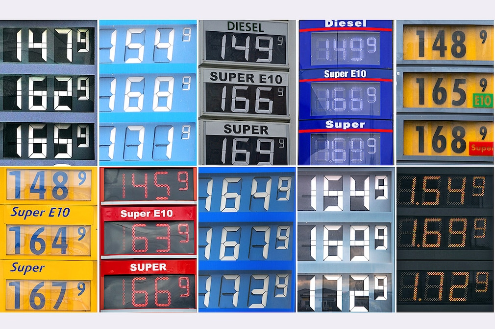Anzeigetafeln mit den Preisen für Diesel, Super E10 und Super an deutschen Tankstellen in verschiedenen Bundesländern am Montag (02.04.2012)