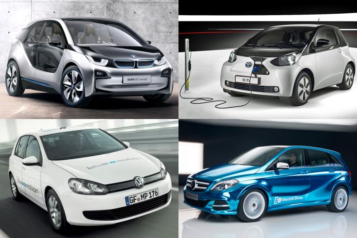 BMW i3 concept, Toyota iQ EV, VW Golf Blue-e-Motion, Mercedes B-Klasse Electric Drive (v.l.o. im Uhrzeigersinn)