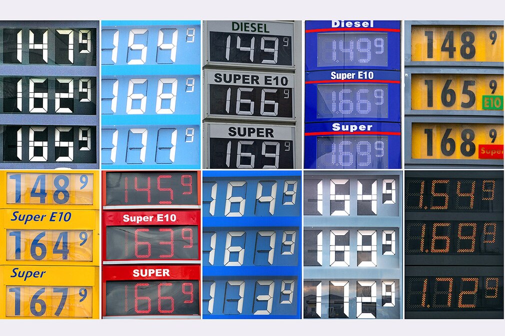 Anzeigetafeln mit den Preisen für Diesel, Super E10 und Super an deutschen Tankstellen in verschiedenen Bundesländern am Montag (02.04.2012)