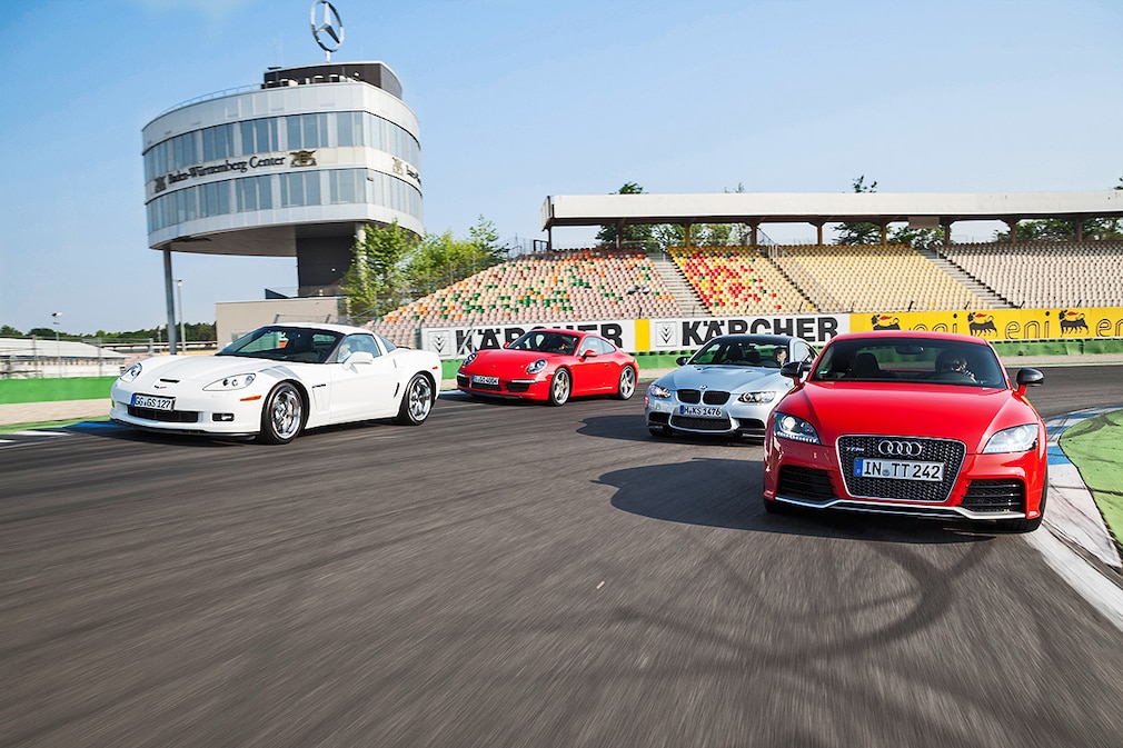 Chevrolet Corvette Grand Sport, Porsche 911 Carrera S, BMW M3 Coupé Competition, Audi TT RS Plus
