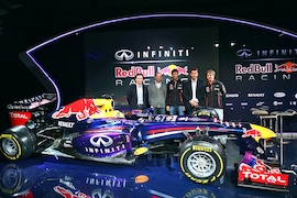 (L-R) Christian Horner, Team Principle, Adrian Newey, Chief Technical Officer, Mark Webber of Australia, Simon Sproule, Infiniti Corperate Vice-President Global Marketing and Sebastian Vettel of Germany pose along side the new car during the Infiniti Red Bull Racing RB9 launch on February 3, 2013 in Milton Keynes, England