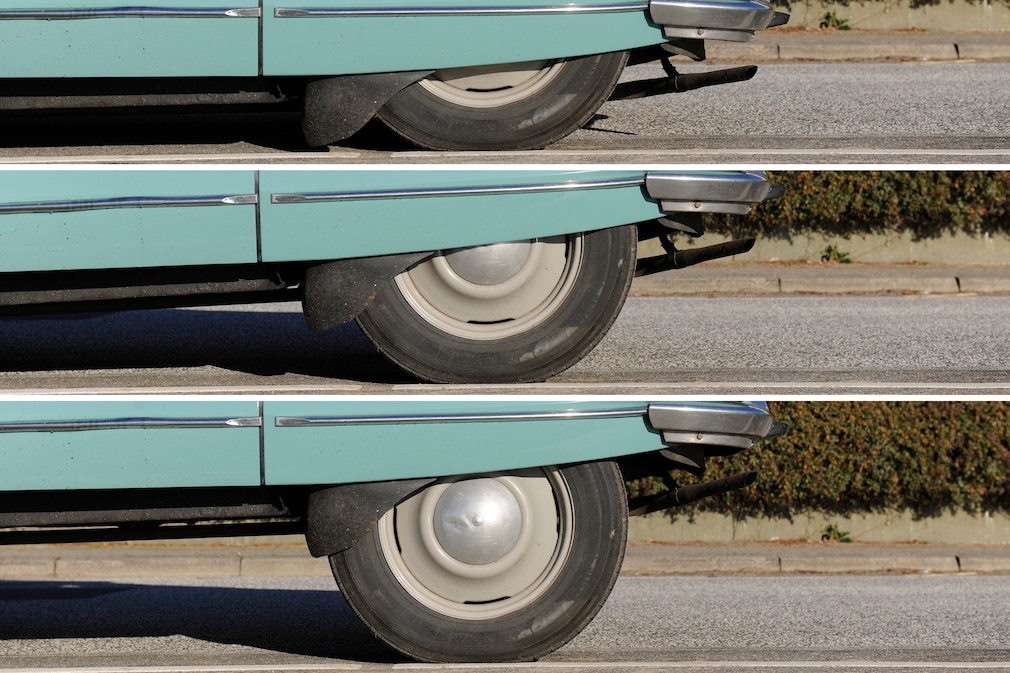 Citroen ID 19, verdecktes Hinterrad in drei Stellungen der Hydropneumatik