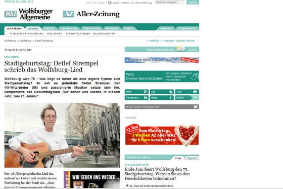 Screenshot "WAZ" mit Wolfsburg-Lied
