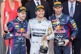 Rosberg (Mitte), Vettel (links) und Mark Webber beim Formel 1 GP von Monaco 2013