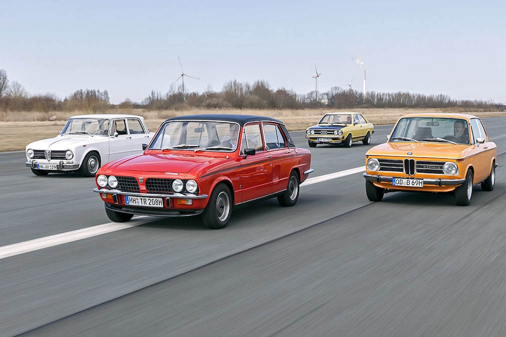 Alfa Romeo Giulia 1600 Super (1971) Triumph Dolomite Sprint (1973) Audi 80 GTE (1976) BMW 2002 ti (1969)