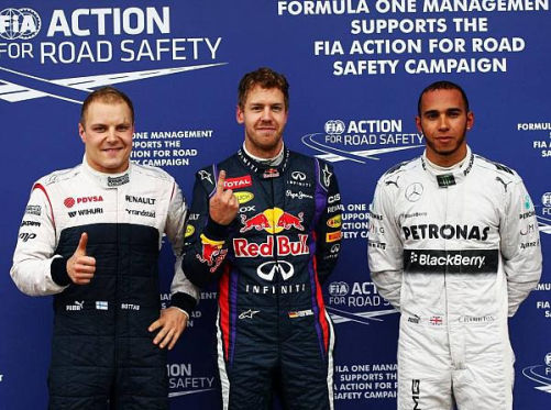 Zwei sehr glücklich, einer halbwegs froh: Bottas, Vettel und Hamilton