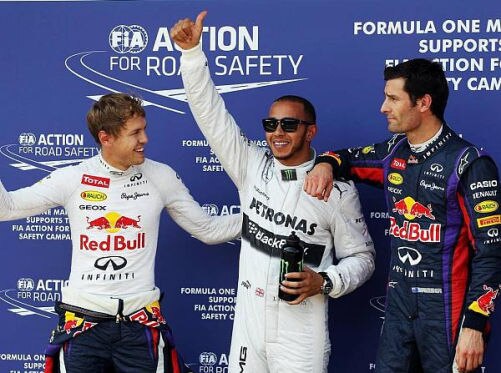Happy: Sebastian Vettel, Polesetter Lewis Hamilton und Mark Webber