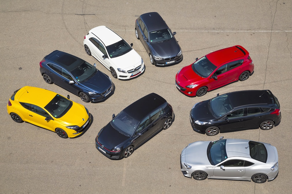 BMW 125i Ford Focus ST Mazda 3 MPS Mercedes A 250 Sport Renault Megane RS Toyota GT 86 TRD Volvo V40 T5 R-Design VW Golf GTI Performance