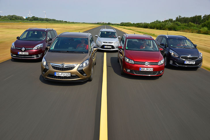 Renault Grand Scénic DCI 130, Opel Zafira Tourer 1.6 CDTI, Ford Grand C-Max 2.0 TDCI, VW Touran 2.0 TDI BMT, KIA Carens 1.7 CRDI