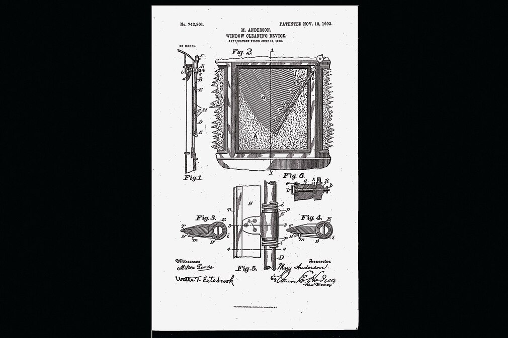 Patentblatt der ersten funktionierenden Scheibenwischanlage der Welt 1903 von Erfinderin Mary Anderson