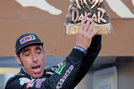 Spanish driver Nani Roma jubilates his victory during the award's delivering ceremony of Rally Dakar 2014 held in Valparaiso, Chile, on 18 January 2014. The rally takes place in Argentina, Bolivia and Chile from 04 to 18 January 2014.