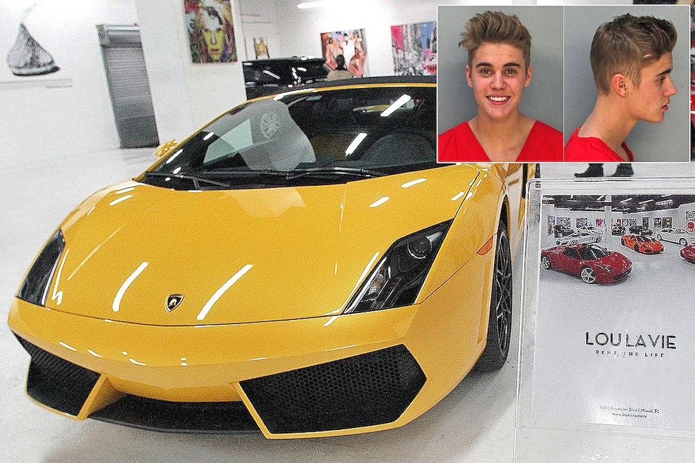 Montage: Lamborghini Gallardo und Bieber-Polizeifotos