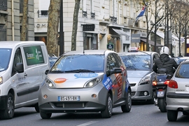 Paris shows an Autolib electric bluecar in a street of Paris, on the day of the official presentation of this public system of self-service, point-to-point electric rental cars, starting on December 5, 2011. 250 cars
