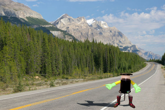 Fotomontage Hitchbot in den Rocky Mountains