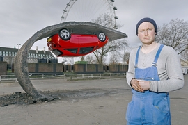 Alex Chinneck for Vauxhall Motors Pick yourself up and pull yourself together' for the launch of the Vauxhall Corsa at Southbank Centre in London