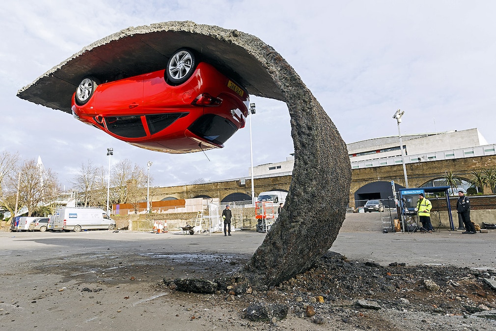 Alex Chinneck for Vauxhall Motors Pick yourself up and pull yourself together' for the launch of the Vauxhall Corsa at Southbank Centre in London
