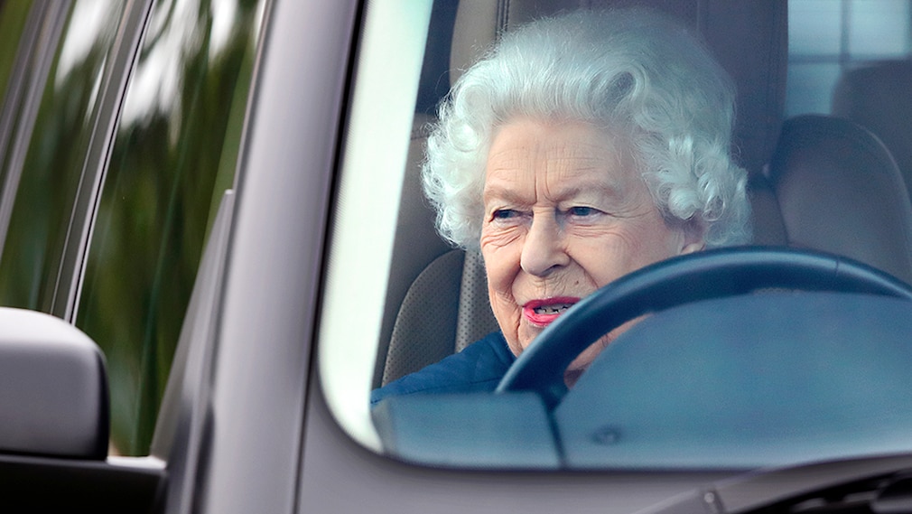 Queen Elizabeth II seen driving her Range Rover car as she attends day 2 of the Royal Windsor Horse Show in Home Park, Windsor Castle on July 2, 2021 