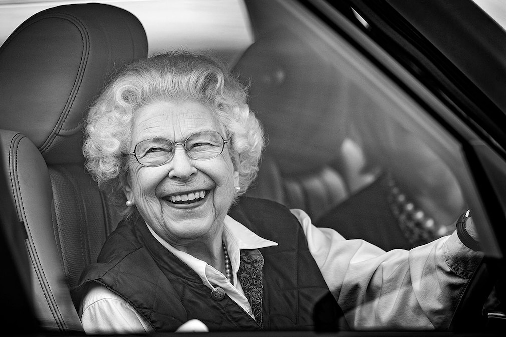 Queen Elizabeth II seen driving her Range Rover car as she attends day 2 of the Royal Windsor Horse Show in Home Park, Windsor Castle on July 2, 2021