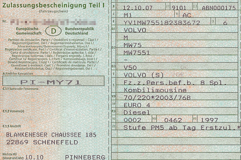 Fahrzeugschein, Zulassungsbescheinigung Teil 1