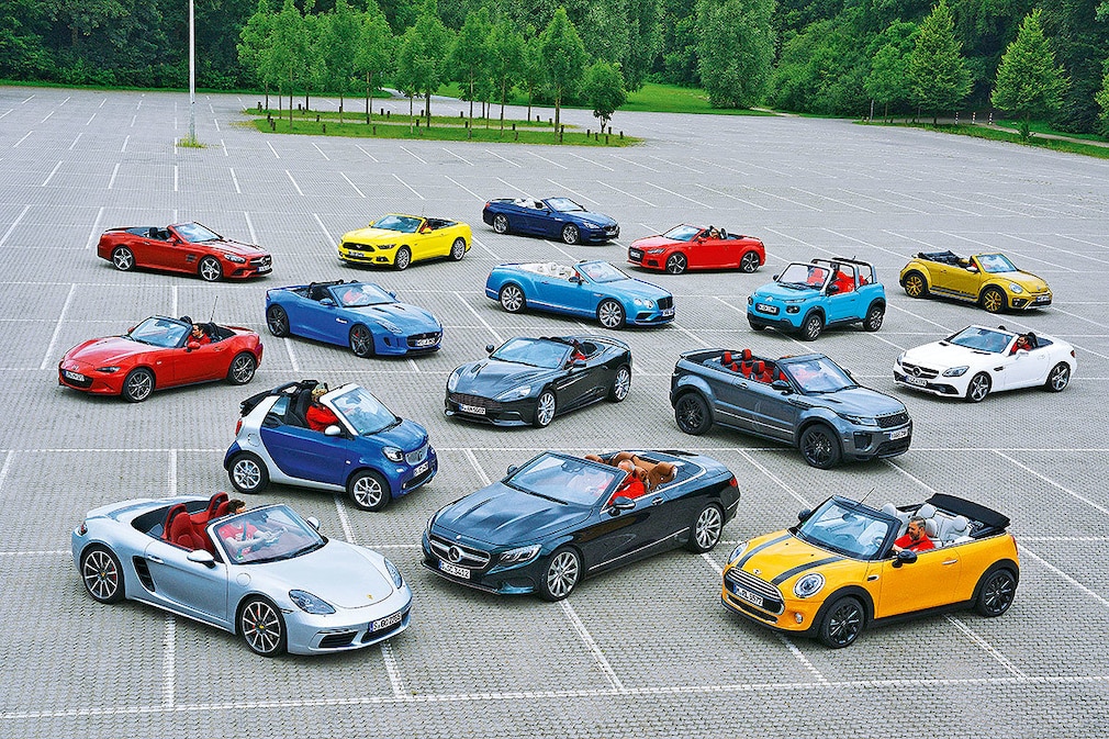 Vergleich Porsche Boxster Mercedes S-Klasse Mini Cooper Smart Fortwo Aston Martin Vanquish Land Rover Evoque Mazda MX-5 Jaguar F-Type Bentley Continental Citroen E-Méhari Mercedes SLC Mercedes SL Ford Mustang BMW 6er Audi TT VW Beetle
