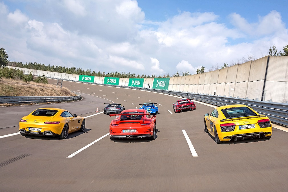 Vergleich Mercedes-AMG GTS Porsche 911 GT3 RS Audi R8 V10 Plus Mercedes AMG GT3 Porsche 911 GT3R Audi R8 LMS
