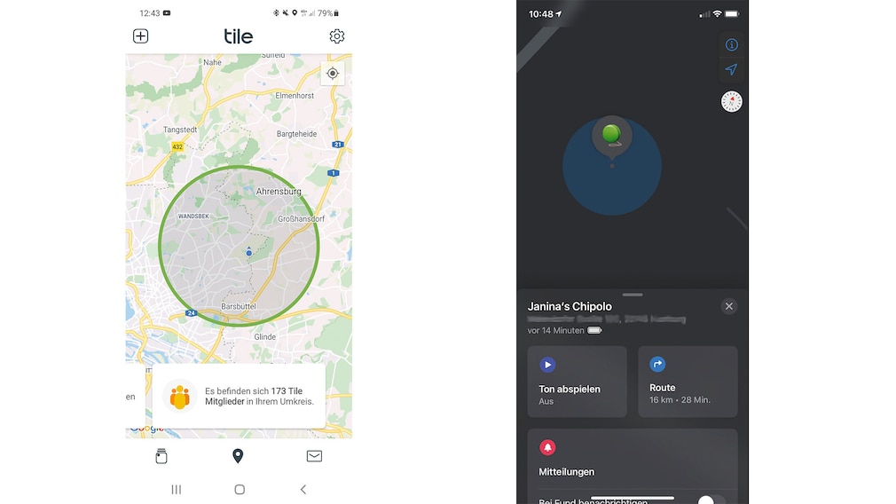 Tracker-Position in Karten-Ansicht auf Smartphone