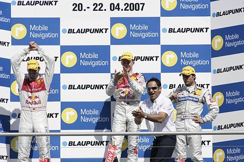 Das Podium in Hockenheim, von rechts: Tomczyk, Ekström, Spengler (vor seiner Strafversetzung).