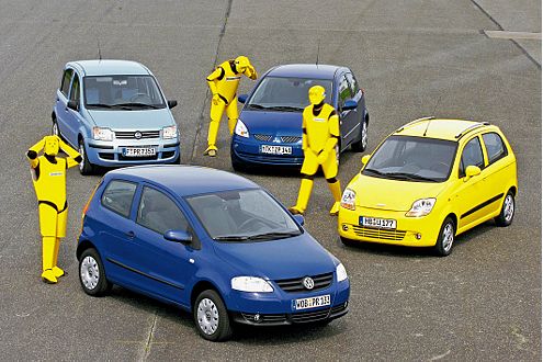 Die Testgruppe der Kleinwagen: Fox, Panda, Colt und Matiz.