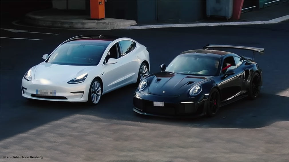 Tesla Model 3 gegen Nico Rosberg im Porsche GT2 RS