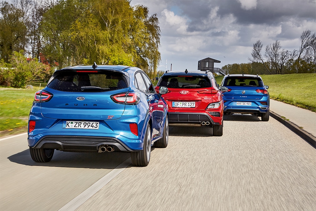Ford Puma ST X 1.5 EcoBoost Hyundai Kona 1.6 T-GDI N Line DCT VW T-Roc 2.0 TSI Sport DSG 4Motion
