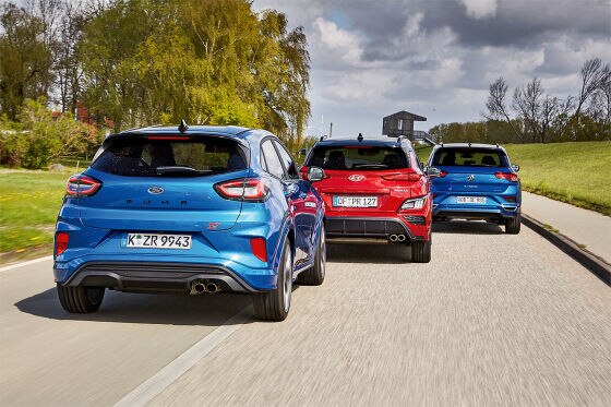 Ford Puma ST X 1.5 EcoBoost          Hyundai Kona 1.6 T-GDI N Line DCT          VW T-Roc 2.0 TSI Sport DSG 4Motion