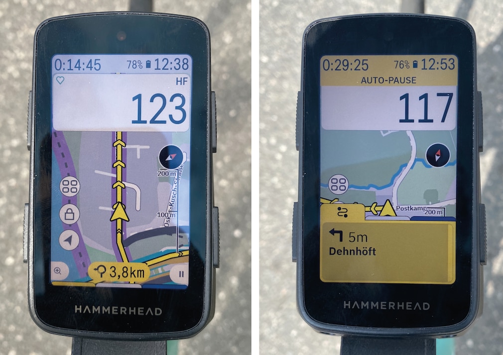 Doppelbild: Produktfoto eines Fahrradcomputers mit Blick auf die Kartendarstellung.