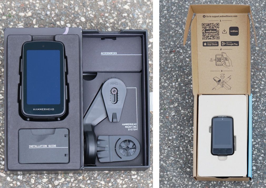 Doppelbild: Produktfotos von zwei Fahrradcomputern, liegend in ihrer Verpackung.