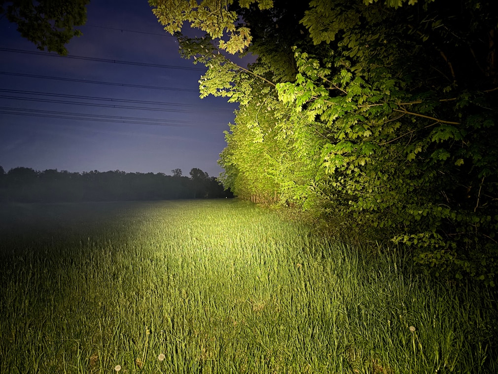 Ausleuchtung eines Feldes am Waldrand bei Nacht.