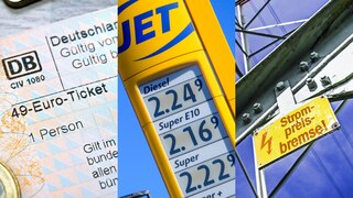 Collage aus 49-Euro-Ticket, Benzinpreistafel und Strompreisbremse-Symbolbild