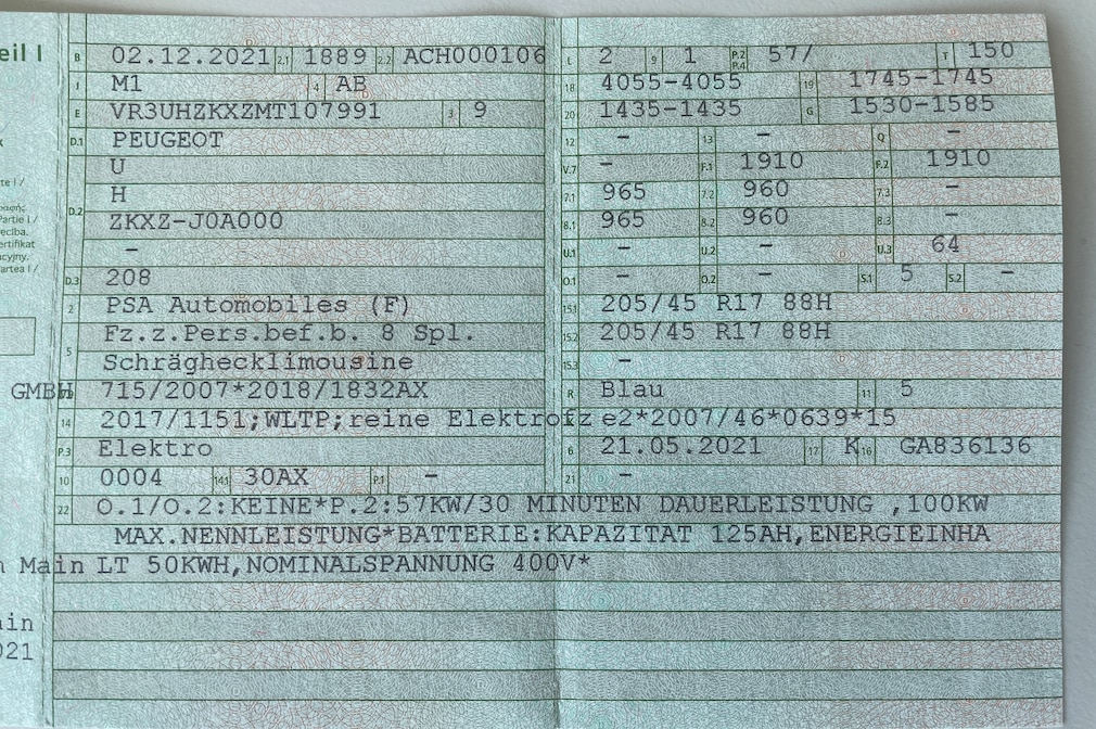 Fahrzeugschein, Zulassungsbescheinigung Teil 1
