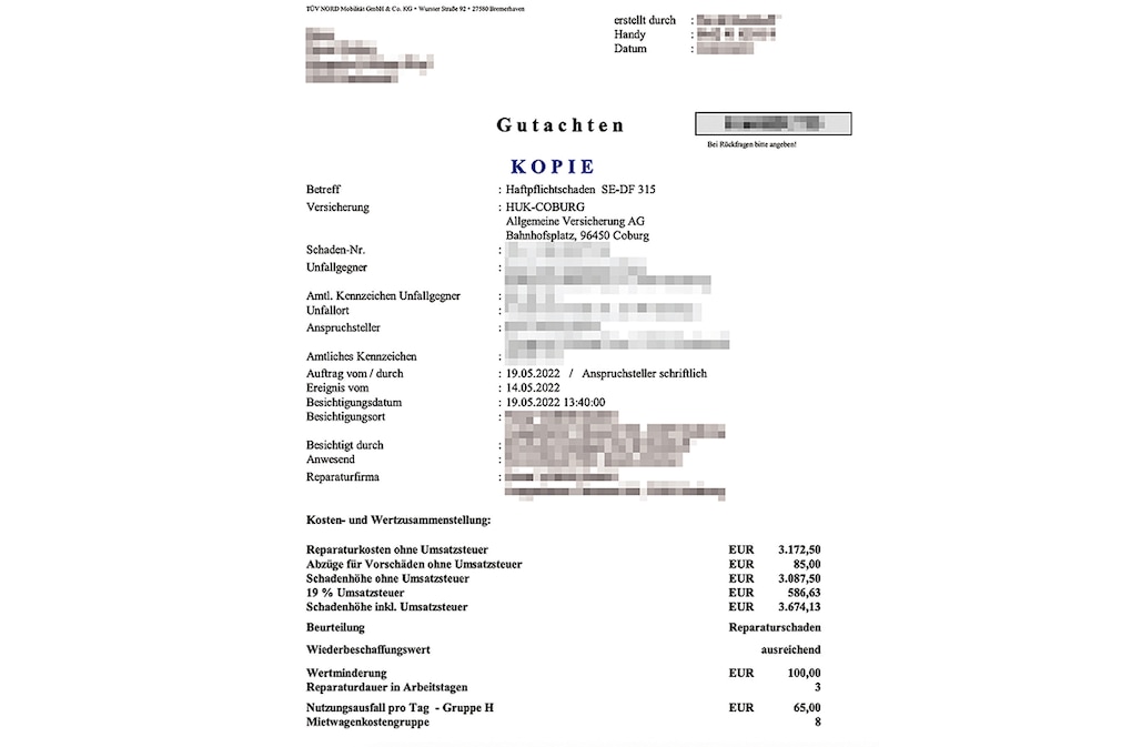 Rear-end collision and the HUK does not pay - report expert opinion Rear-end collision and the HUK does not pay - report expert opinion
