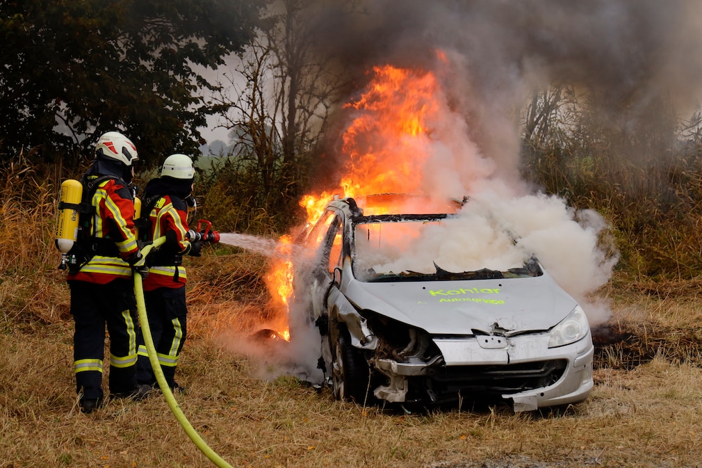Die Feuerwehr löscht ein brennendes Fahrzeug auf einer Weide.