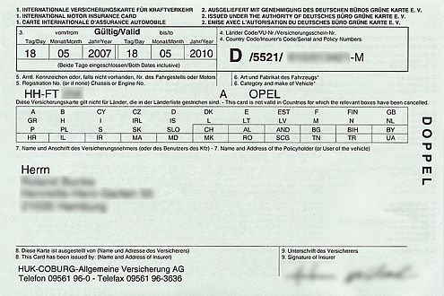 Gehört immer mit an Bord: die Grüne Versicherungskarte.