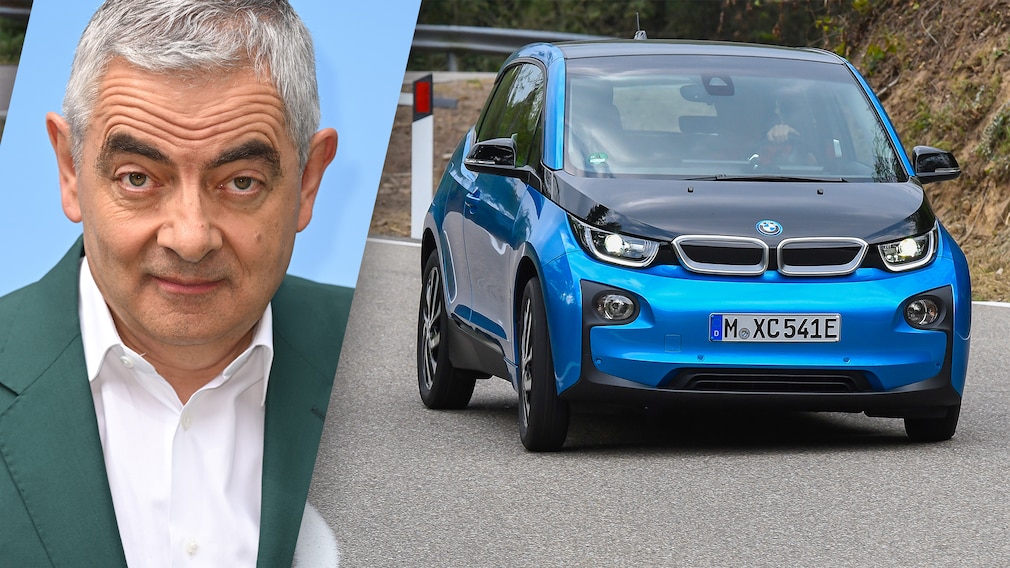 Montage Mr. Bean skeptisch zum E-Auto Montage Mr. Bean skeptisch zum E-Auto