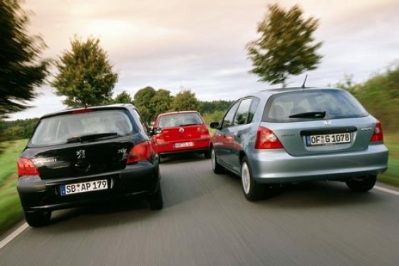 Vergleich Honda Civic, Peugeot 307 und VW Golf