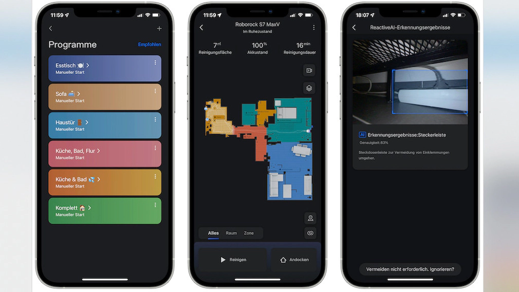 Dreifachansicht der Darstellungen einer Steuerungs-App für Wischroboter auf einem Smartphone-Bildschirm.