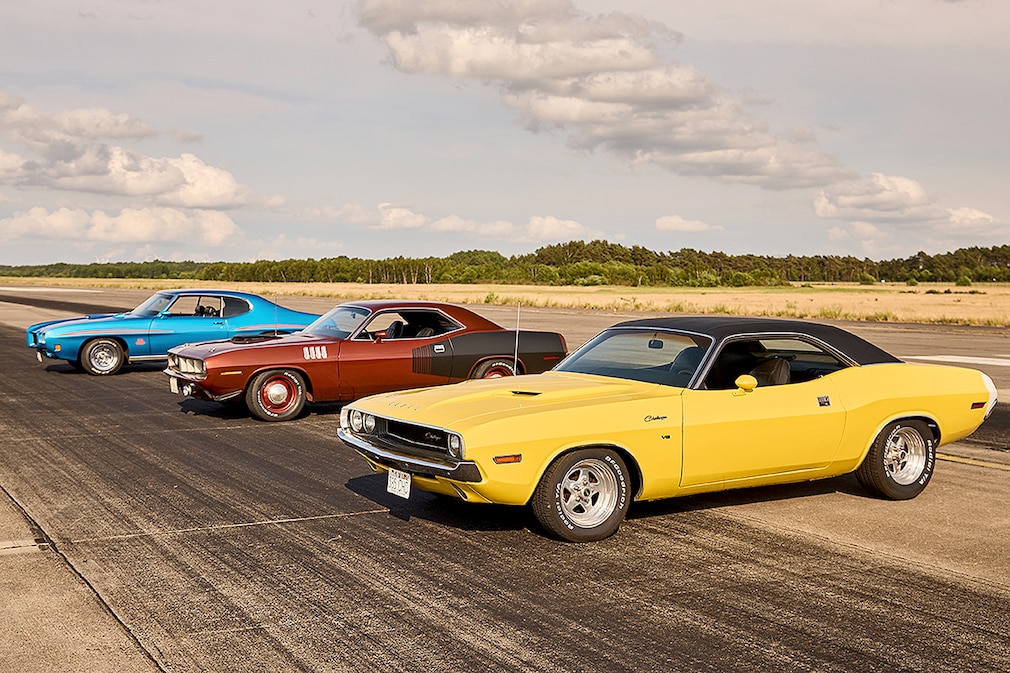 Muscle Cars der 70er Dodge Challenger Plymouth Hemicuda Pontiac GTO