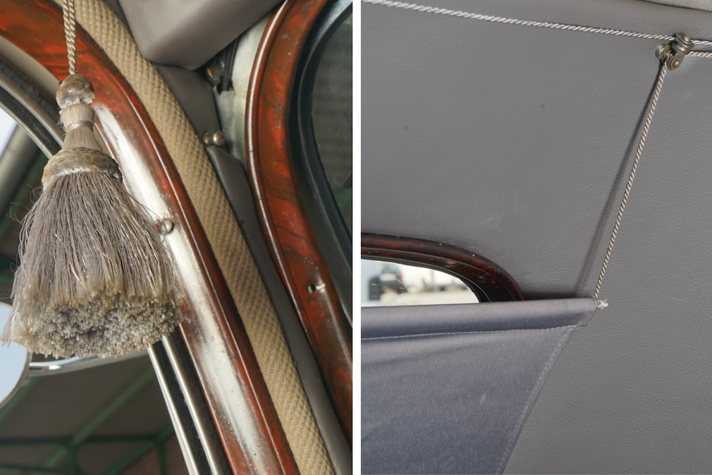 Zwei Details des Citroen 7 Front: Bommel für das Heckrollo und das Heckrollo
