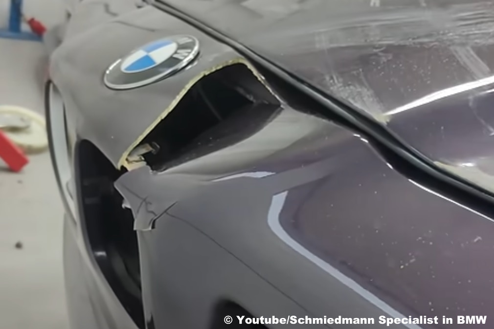 Elch zertrampelt BMW 850i in Werkstatt