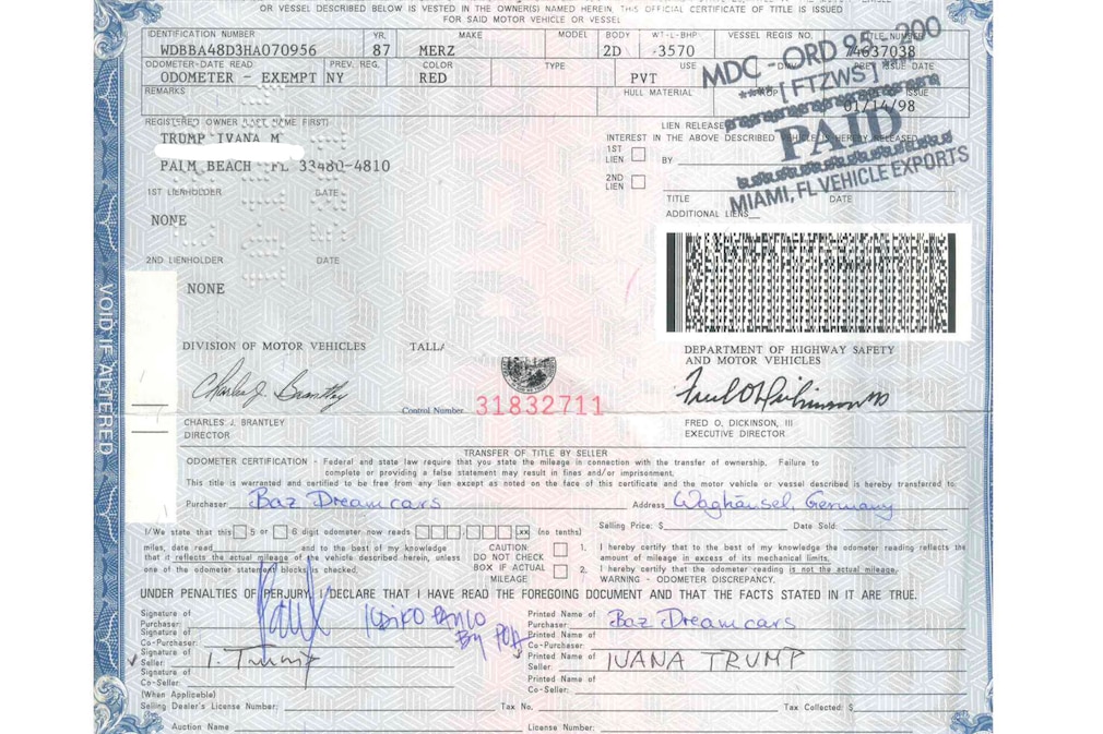 US-Fahrzeugbrief ("title") mit Eintrag "TRUMP IVANA M" – ihr zweiter Vorname ist Marie.
