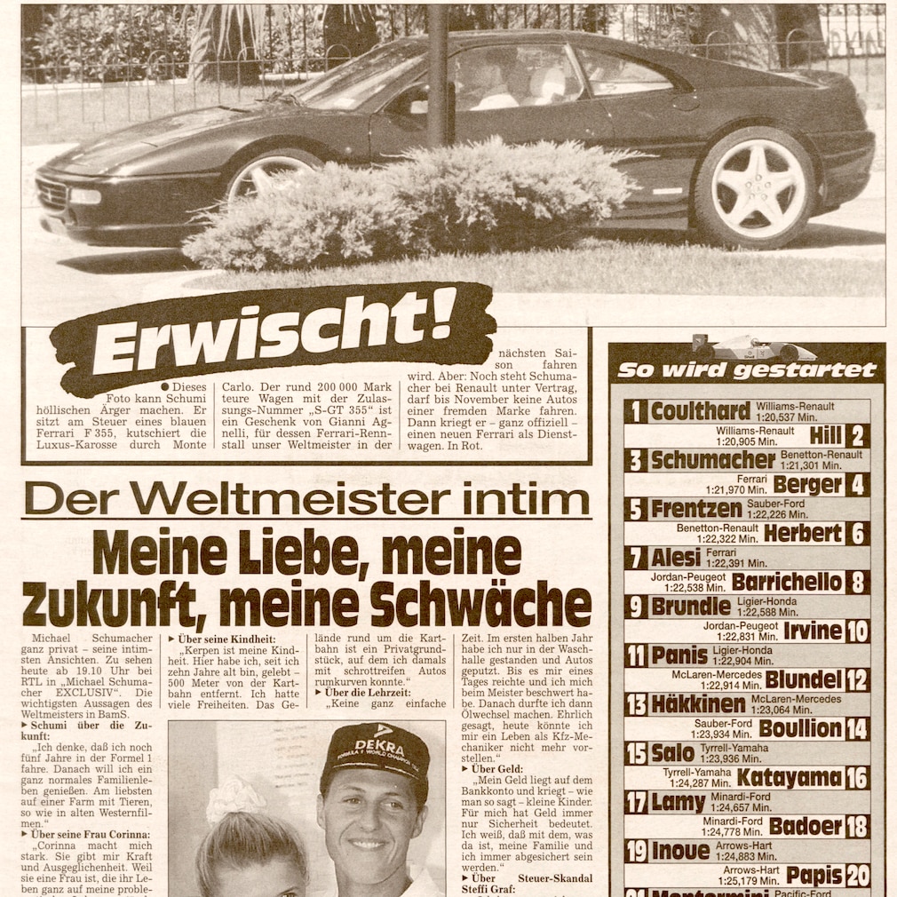 Die BILD am SONNTAG berichtete am 24. September 1995 über Schumi, der in einem Ferrari F355 gesichtet wurde.