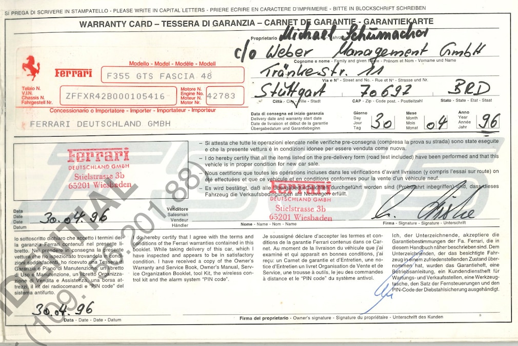 Im Service-Checkheft stehen Schumis Name und die Adresse von Willi Webers Firma – und die Motornummer 42783