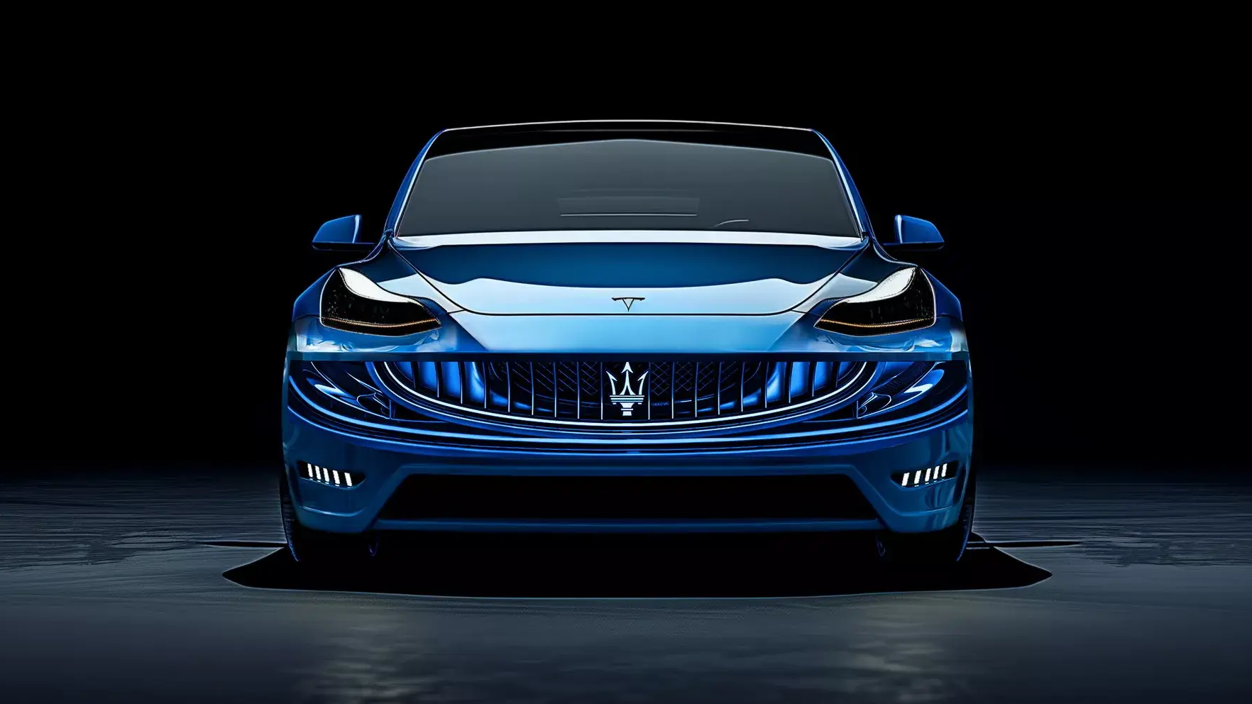 Tesla Model Y mit EVsion-Front, die den Maserati-Grill imitiert